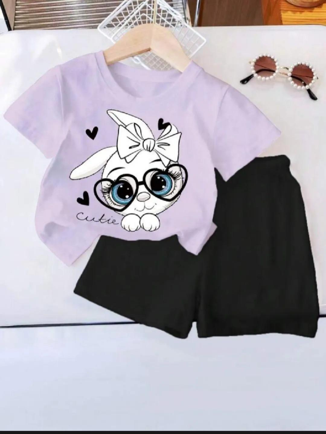 Girls Cute Bunny Print Summer 2-Piece Outfit Set